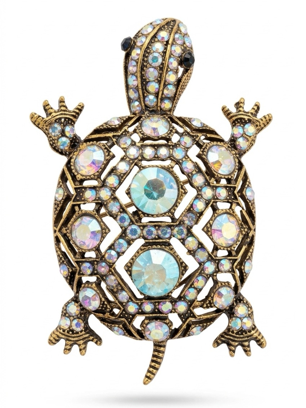 Crystal Turtle Brooch in Iridescent Blue and Gold